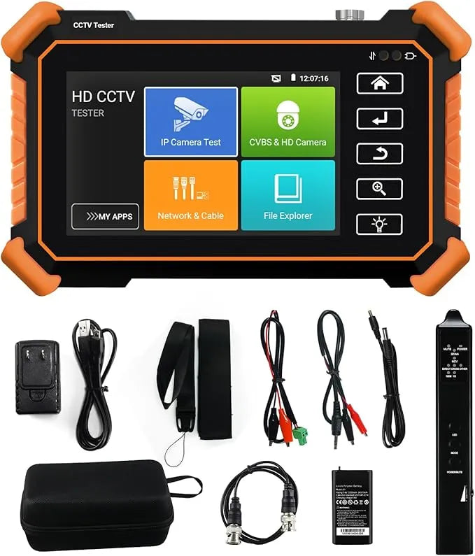 The OCB-IPC-1910 Plus CCTV Security Camera Tester, 8MP, CVI, TVI, AHD, Analog, POE, Digital Cable, UTP, IP Camera Test.
