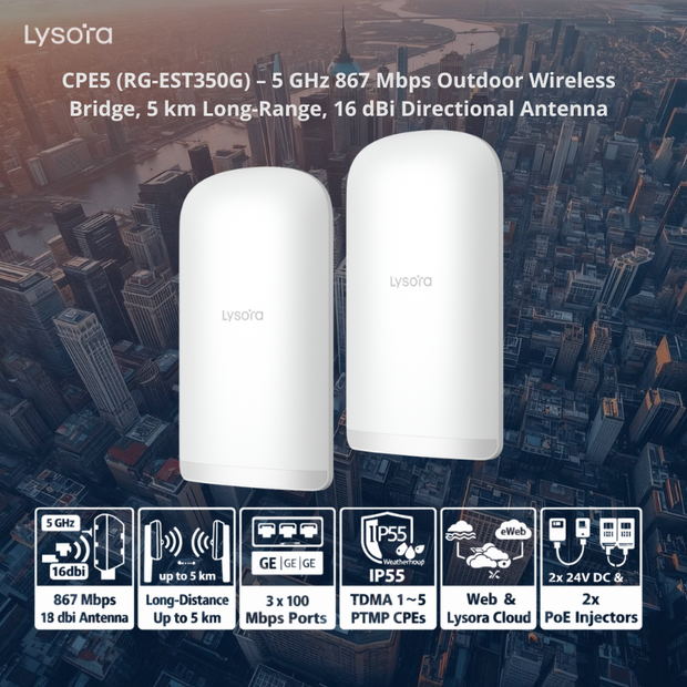 CPE5 : 5 GHz 867 Mbps Outdoor Wireless Bridge, 5 km Long-Range, 16 dBi Directional Antenna