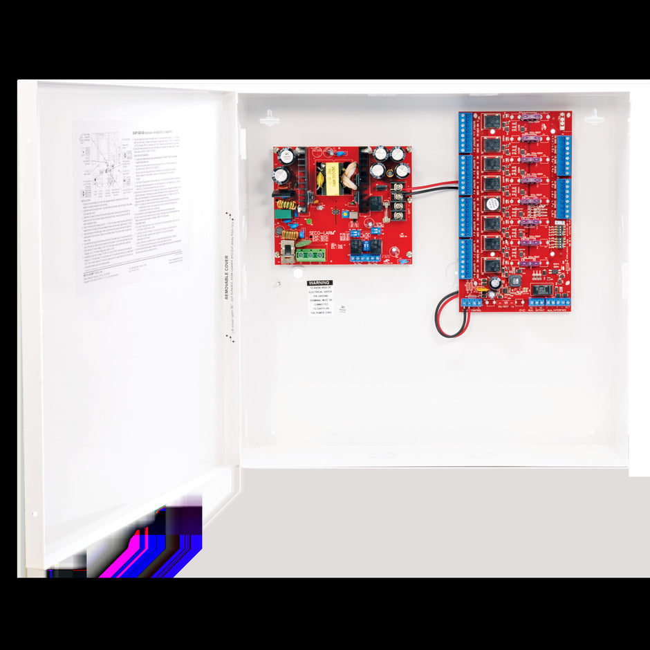 EAP-5D8, 8-Output Access Control Power Supply, 5A at 12VDC / 2.5A at 24VDC, 110–240VAC, Backup Battery Charger, Supervision Relays