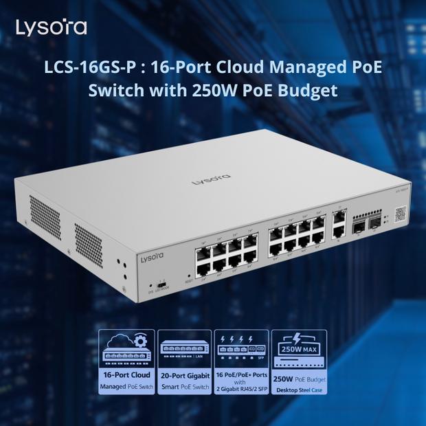 LCS-16GS-P : 16-Port Cloud Managed PoE Switch with 250W PoE Budget