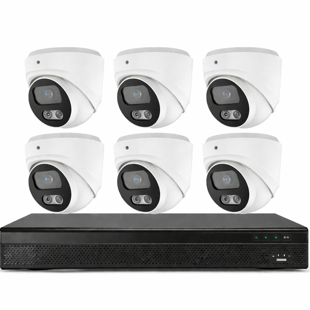 Complete IP video surveillance kit including 6 high-resolution 8MP cameras and a 16-channel NVR with integrated PoE. Designed for residential, commercial, and mid-size projects.