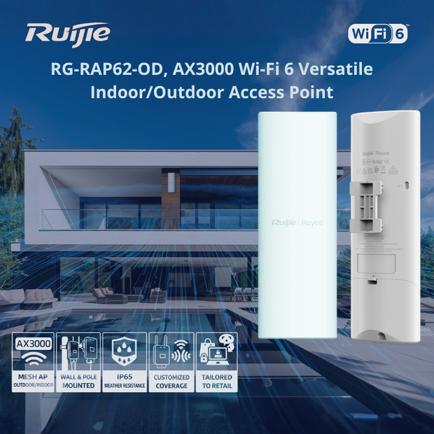 RG-RAP62-OD : AX3000 Wi-Fi 6 Indoor/Outdoor Mesh Access Point (IP65, 2×2 MIMO, PoE)